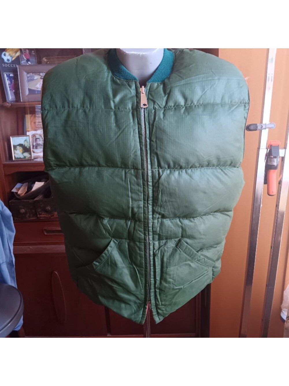 True Vintage Puffer Vest Large Green Down Fill Reversible 1980's nylon Hunting